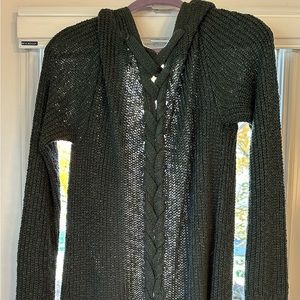 Moss green long cardigan with cross-cross detail up back